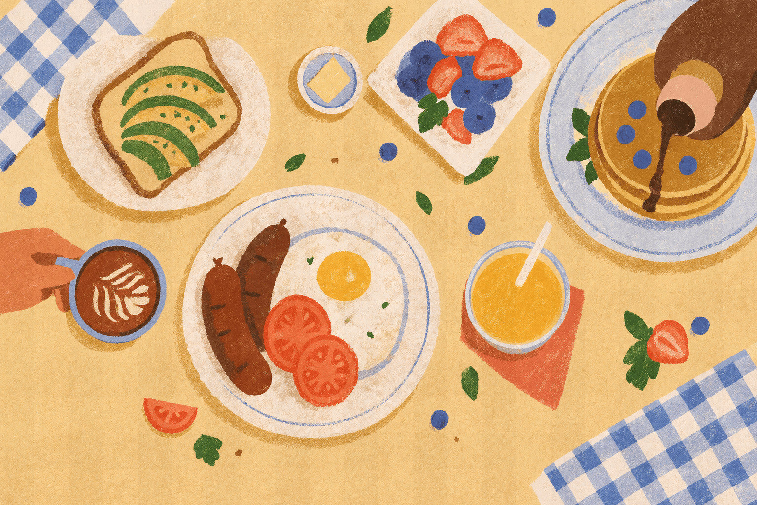 Breakfast plates, coffee and juice on a table